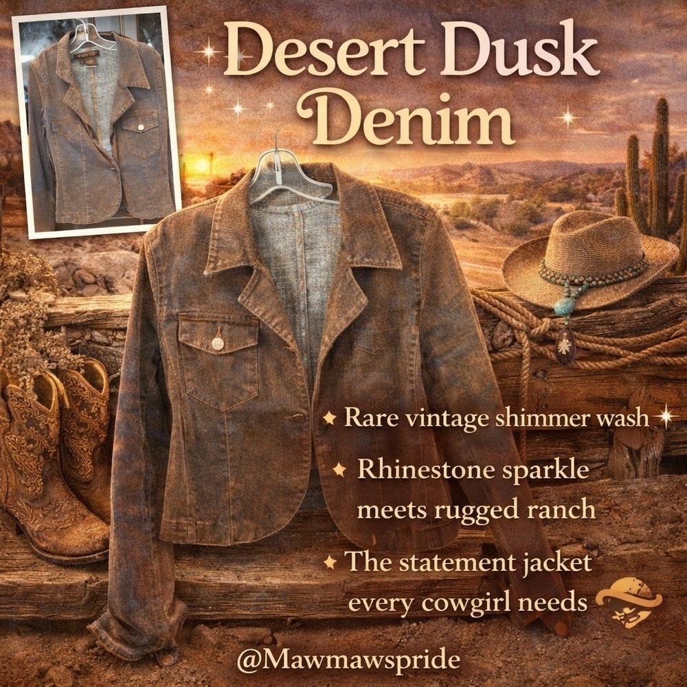 VINTAGE RARE FIND Desert Dusk‎ Washed Denim Shimmer Jean Jacket Rhinestone  M